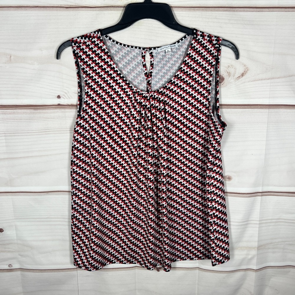 Notations Top Womens XL Red Black Geometric Tank Sleeveless Pleated Neck Knit